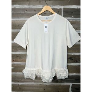 CLU USA Women's Short Sleeve Ruffled Laced Hem Babydoll White Top T-Shirt Sz L